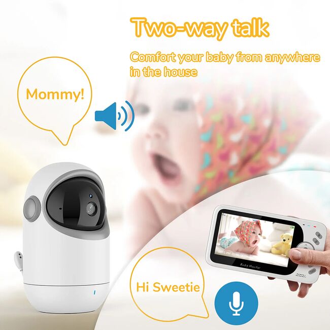 Baby Monitor Wireless, monitorizare bebelusi, ecran 4.3 inch, senzor de temperatura, audio bidirectional, push to talk, cantece de leagan, functie Pan-Tilt, Night Vision, cu acumulator reincarcabil, alb