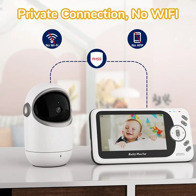 Baby Monitor Wireless, monitorizare bebelusi, ecran 4.3 inch, senzor de temperatura, audio bidirectional, push to talk, cantece de leagan, functie Pan-Tilt, Night Vision, cu acumulator reincarcabil, alb