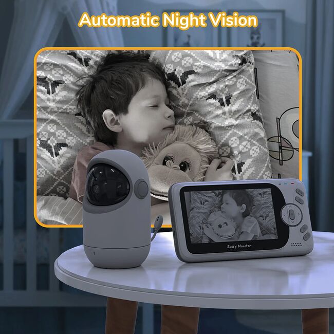 Baby Monitor Wireless, monitorizare bebelusi, ecran 4.3 inch, senzor de temperatura, audio bidirectional, push to talk, cantece de leagan, functie Pan-Tilt, Night Vision, cu acumulator reincarcabil, alb