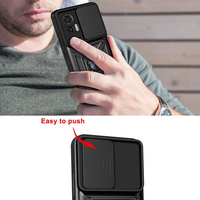 Husa pentru Motorola Moto G85 cu inel Ring Armor Kickstand Tough, protectie camera, albastru