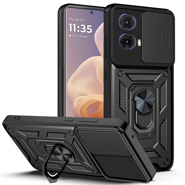 Husa pentru Motorola Moto G85 cu inel Ring Armor Kickstand Tough, protectie camera, negru
