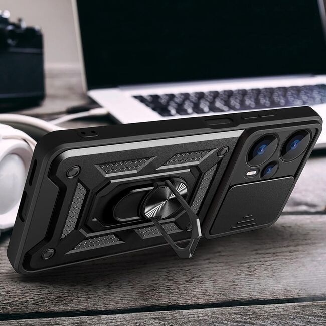Husa pentru Realme GT 6 / GT 6T cu inel Ring Armor Kickstand Tough, protectie camera, negru