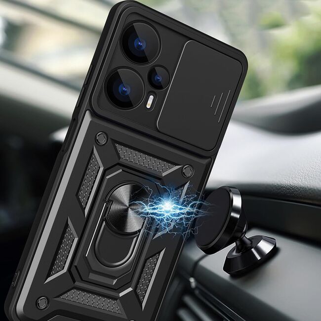 Husa pentru Realme GT 6 / GT 6T cu inel Ring Armor Kickstand Tough, protectie camera, negru