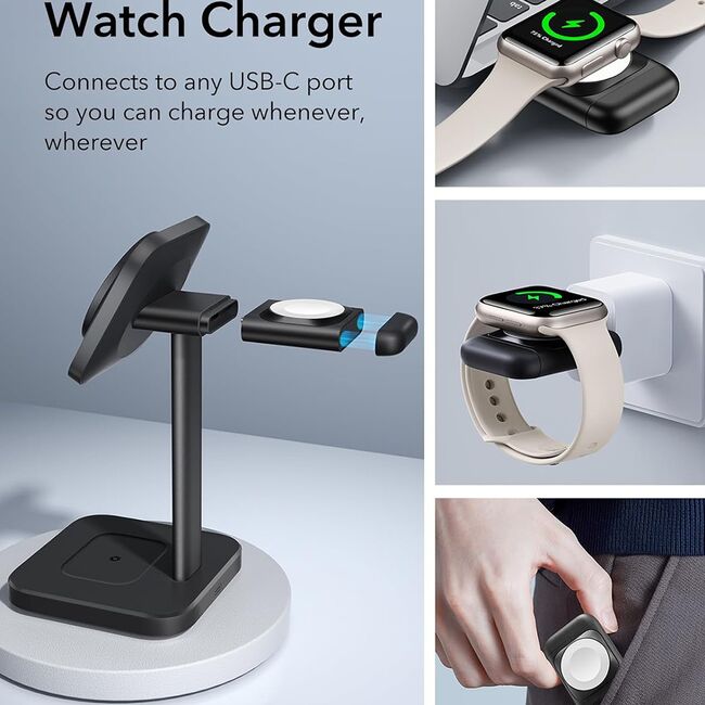 Statie de incarcare 3 in 1 MagSafe wireless + incarcator Apple Watch ESR HaloLock, negru