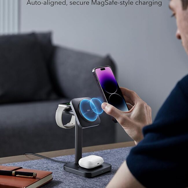 Statie de incarcare 3 in 1 MagSafe wireless + incarcator Apple Watch ESR HaloLock, negru
