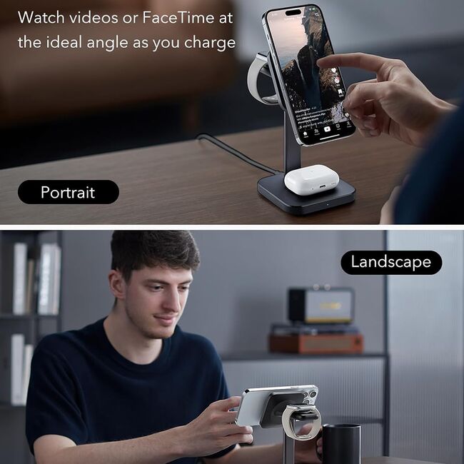 Statie de incarcare 3 in 1 MagSafe wireless + incarcator Apple Watch ESR HaloLock, negru