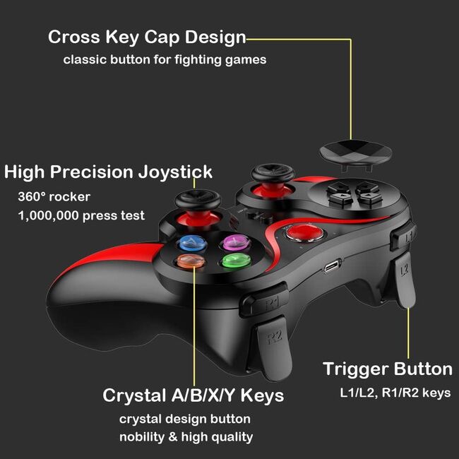 Controller Wireless cu suport pentru telefon, gamepad compatibil Android, iOS, Bluetooth, 400 mAh, rosu / negru