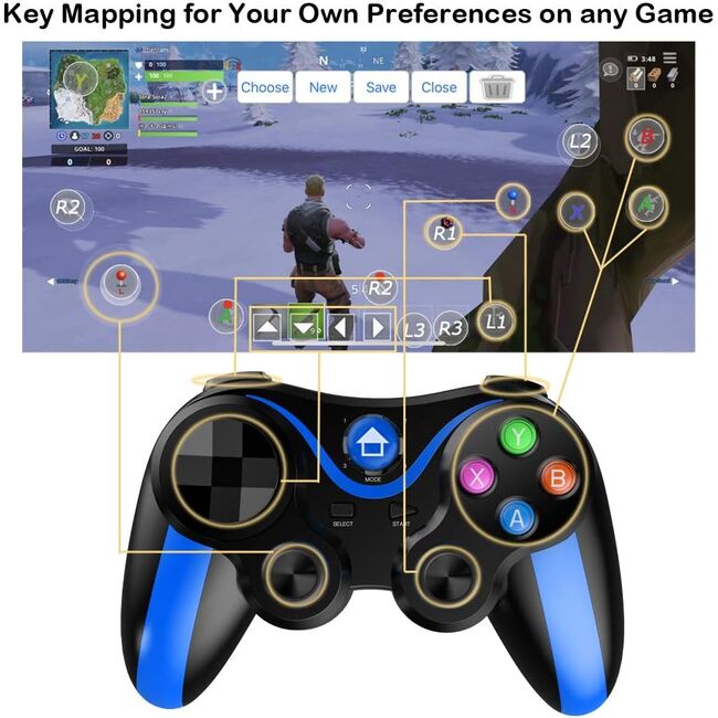 Controller Wireless cu suport pentru telefon, gamepad compatibil Android, iOS, Bluetooth, 400 mAh, albastru / negru