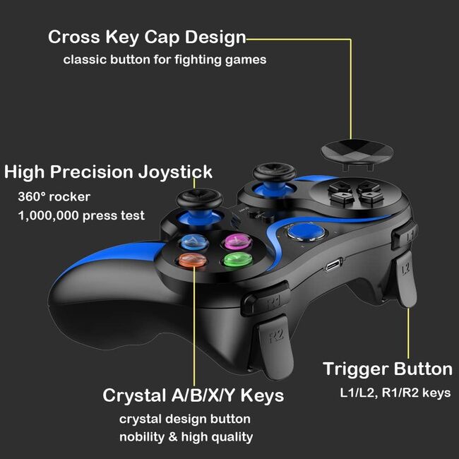 Controller Wireless cu suport pentru telefon, gamepad compatibil Android, iOS, Bluetooth, 400 mAh, albastru / negru