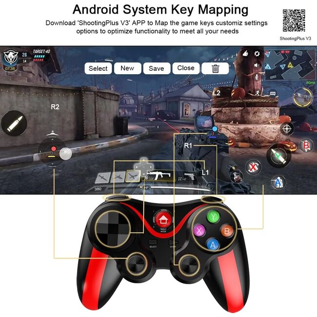 Controller Wireless cu suport pentru telefon, gamepad compatibil Android, iOS, Bluetooth, 400 mAh, rosu / negru