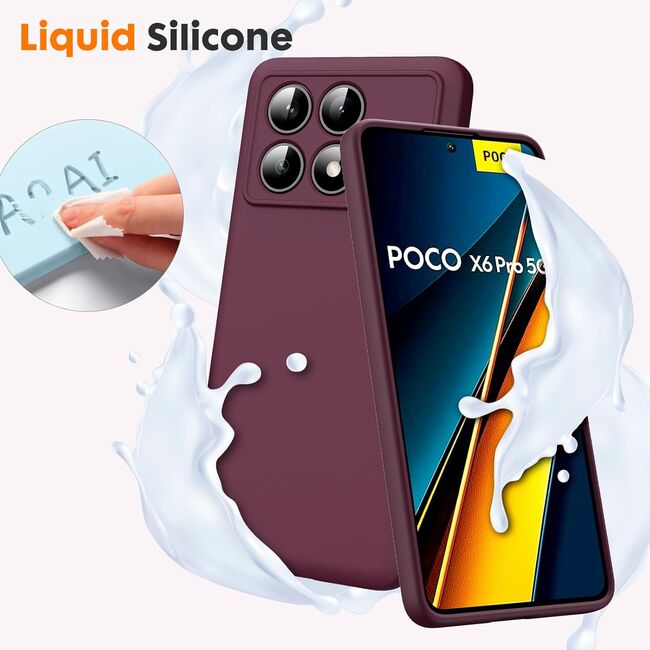 Husa pentru Poco X6 Pro Liquid Silicone, subțire, captusita cu microfibra, anti amprentă, protectie cameră foto, burgundy