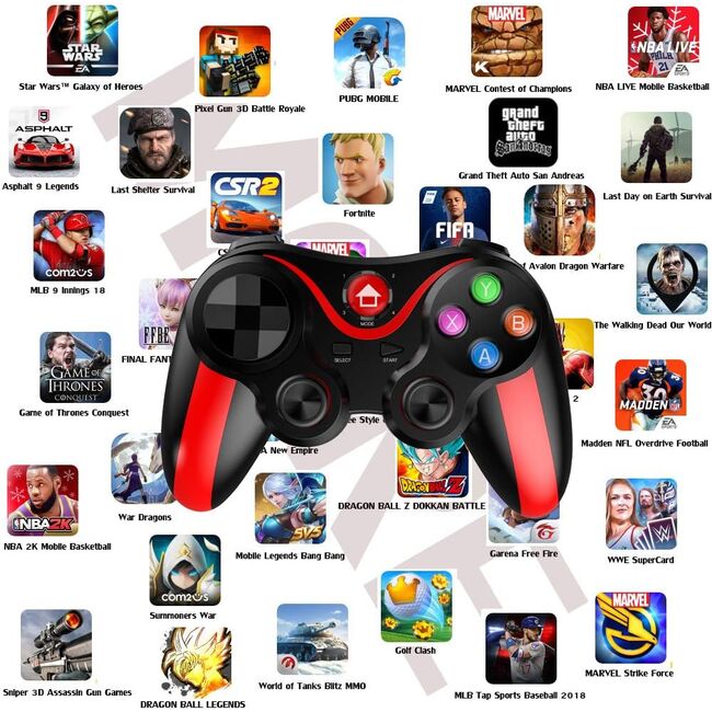 Controller Wireless cu suport pentru telefon, gamepad compatibil Android, iOS, Bluetooth, 400 mAh, rosu / negru