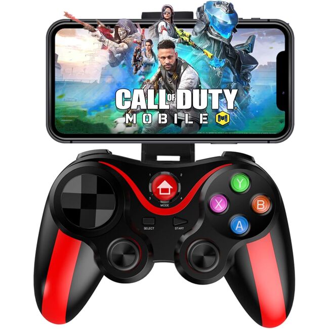 Controller Wireless cu suport pentru telefon, gamepad compatibil Android, iOS, Bluetooth, 400 mAh, rosu / negru