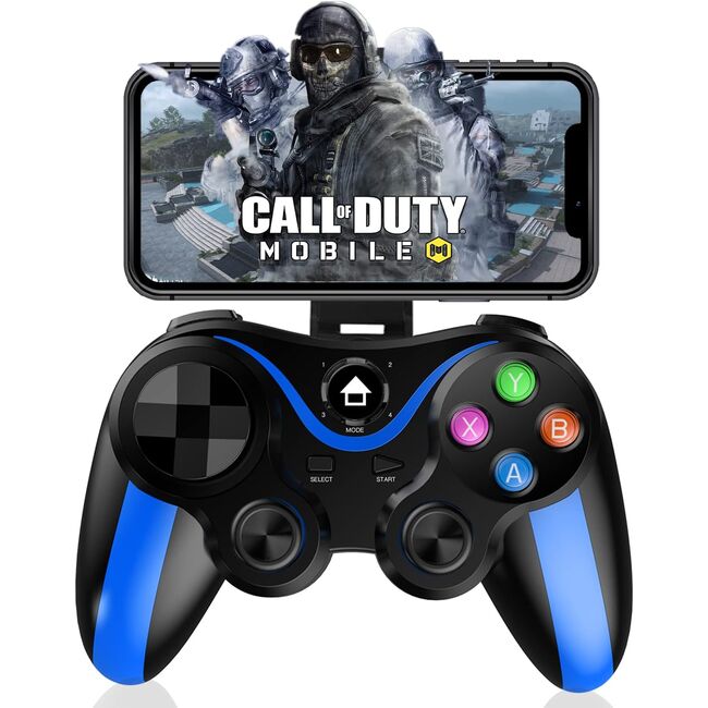 Controller Wireless cu suport pentru telefon, gamepad compatibil Android, iOS, Bluetooth, 400 mAh, albastru / negru