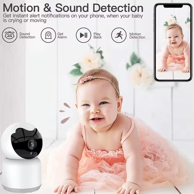 Baby Monitor Wireless FHD Multi-user, monitorizare video - audio bebelusi bidirectional cu monitorizare temperatura, cu aplicatie telefon, IR Night Vision, detectare sunete si miscare, Pan 355° Tilt 80°, 4 cantece de leagan, alb