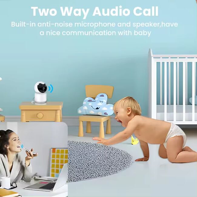 Baby Monitor Wireless FHD Multi-user, monitorizare video - audio bebelusi bidirectional cu monitorizare temperatura, cu aplicatie telefon, IR Night Vision, detectare sunete si miscare, Pan 355° Tilt 80°, 4 cantece de leagan, alb