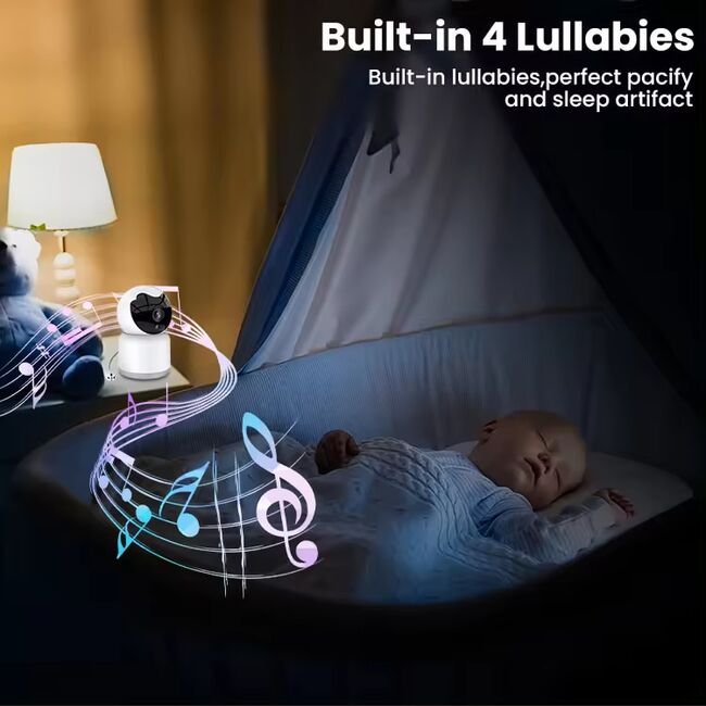 Baby Monitor Wireless FHD Multi-user, monitorizare video - audio bebelusi bidirectional cu monitorizare temperatura, cu aplicatie telefon, IR Night Vision, detectare sunete si miscare, Pan 355° Tilt 80°, 4 cantece de leagan, alb