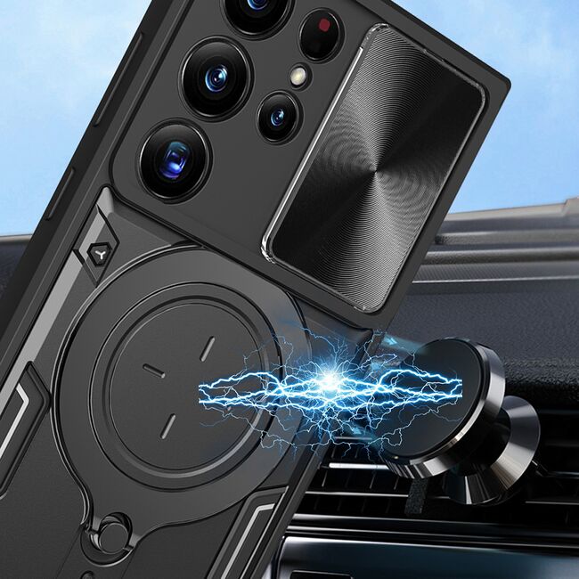 Husa pentru  Samsung Galaxy S24 Ultra cu protecție pentru cameră și suport magnetic integrat Ring Shockproof, negru