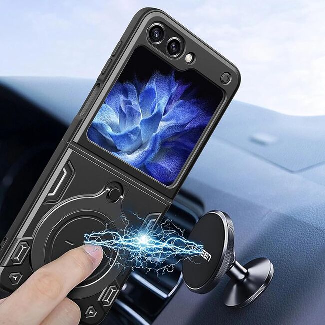Husa pentru  Samsung Galaxy Z Flip 5 cu protecție pentru cameră și suport magnetic integrat Ring Shockproof, rose gold