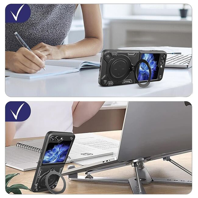 Husa pentru  Samsung Galaxy Z Flip 5 cu protecție pentru cameră și suport magnetic integrat Ring Shockproof, rose gold