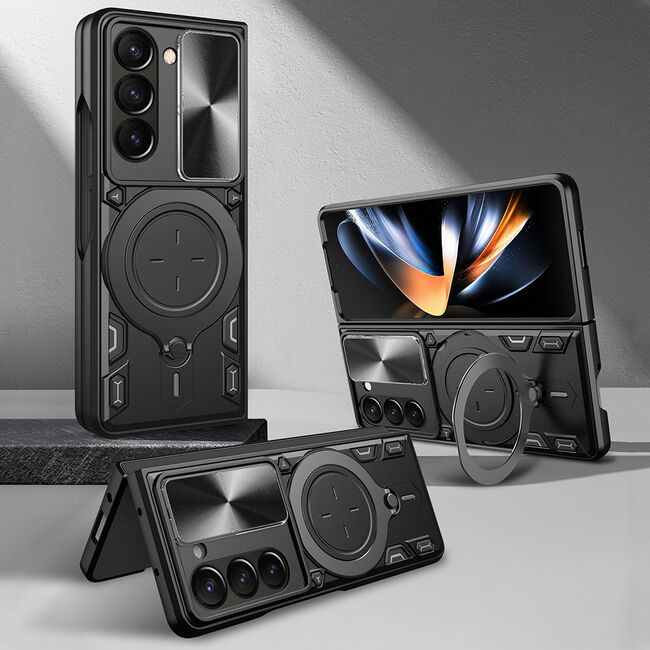 Husa pentru  Samsung Galaxy Z Fold 5 cu protecție pentru cameră și suport magnetic integrat Ring Shockproof, albastru