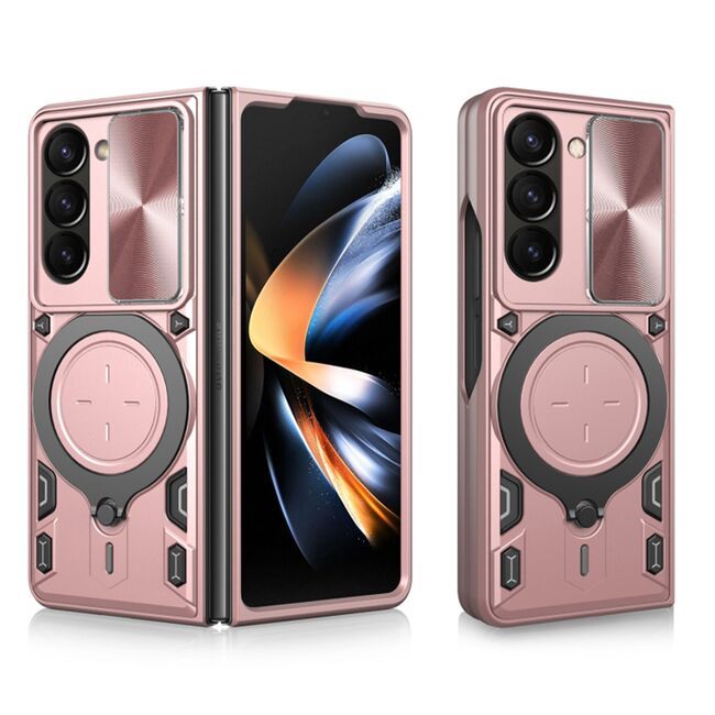 Husa pentru  Samsung Galaxy Z Fold 5 cu protecție pentru cameră și suport magnetic integrat Ring Shockproof, rose gold