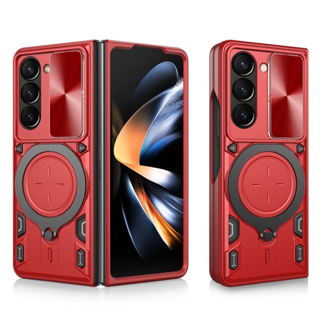 Husa pentru  Samsung Galaxy Z Fold 5 cu protecție pentru cameră și suport magnetic integrat Ring Shockproof, rosu
