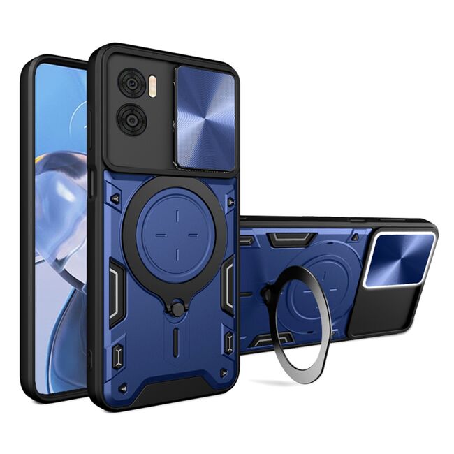 Husa pentru  Motorola Moto E22, E22i cu protecție pentru cameră și suport magnetic integrat Ring Shockproof, albastru