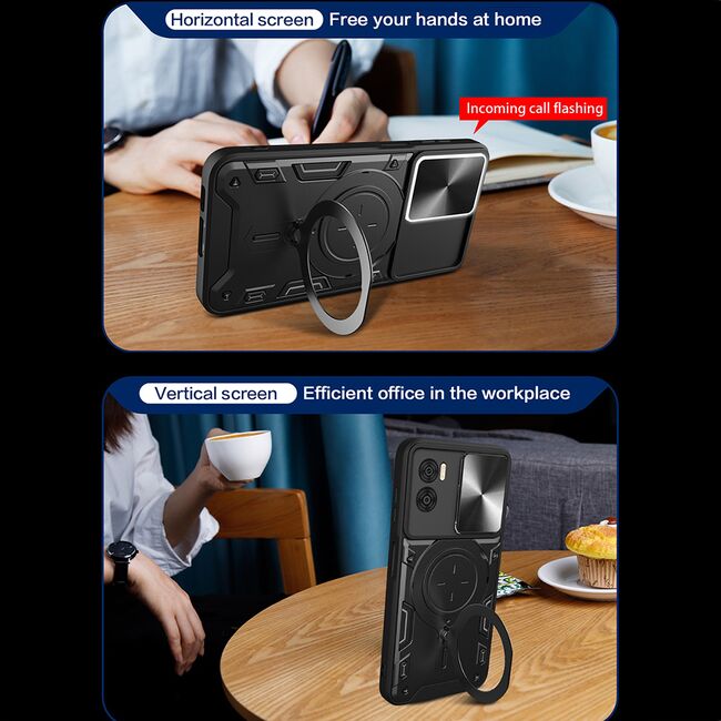 Husa pentru  Motorola Moto E22, E22i cu protecție pentru cameră și suport magnetic integrat Ring Shockproof, mov