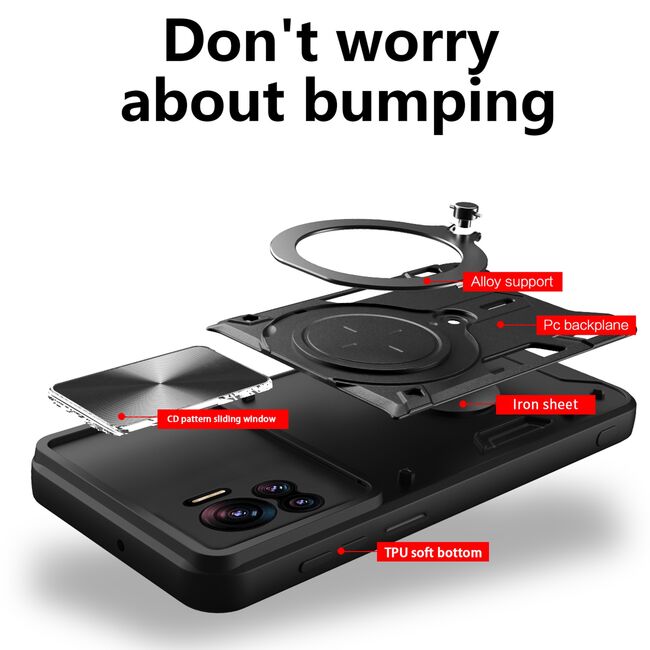 Husa pentru  Motorola Moto G54, G54 Power Edition cu protecție pentru cameră și suport magnetic integrat Ring Shockproof, negru