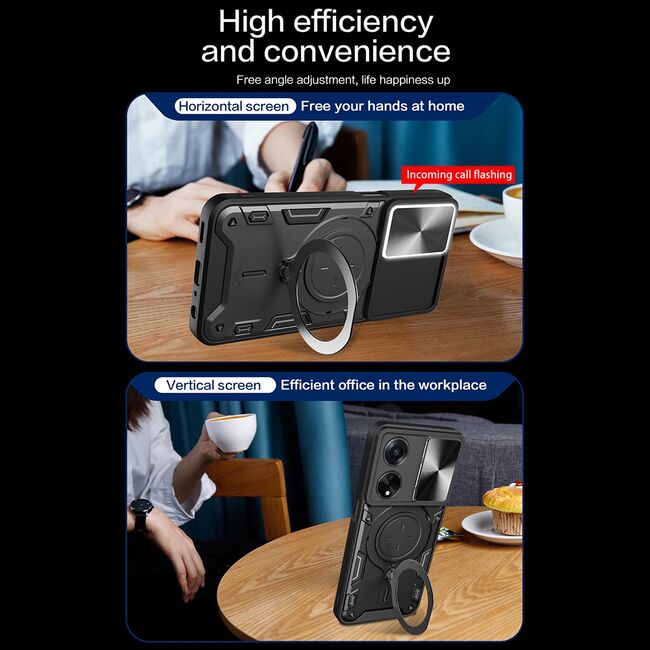 Husa pentru  Oppo A98 cu protecție pentru cameră și suport magnetic integrat Ring Shockproof, negru