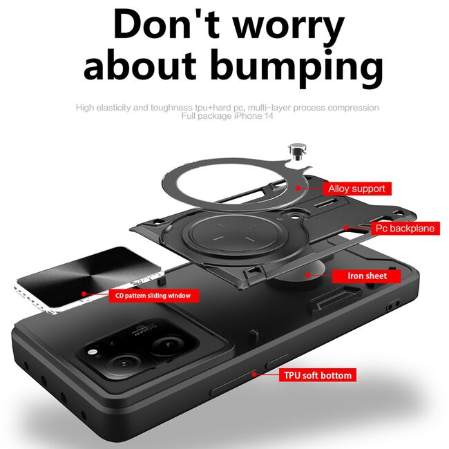 Husa pentru  Xiaomi 13T, 13T Pro cu protecție pentru cameră și suport magnetic integrat Ring Shockproof, negru