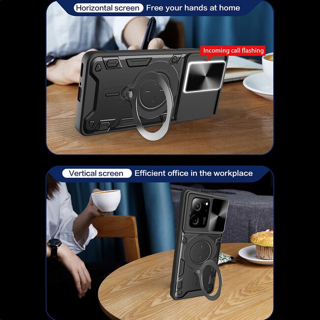 Husa pentru  Xiaomi 13T, 13T Pro cu protecție pentru cameră și suport magnetic integrat Ring Shockproof, negru