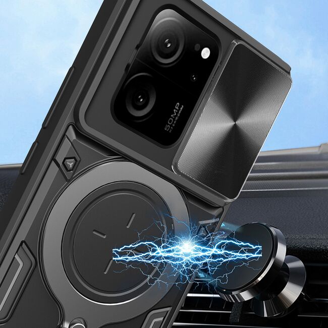Husa pentru  Xiaomi 13T, 13T Pro cu protecție pentru cameră și suport magnetic integrat Ring Shockproof, negru
