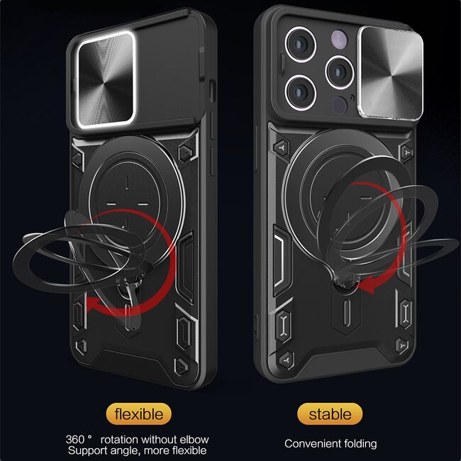 Husa pentru  iPhone 15 Pro Max cu protecție pentru cameră și suport magnetic integrat Ring Shockproof, negru