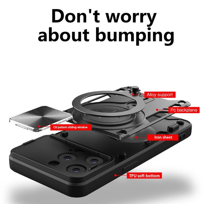 Husa pentru  iPhone 15 Pro Max cu protecție pentru cameră și suport magnetic integrat Ring Shockproof, negru