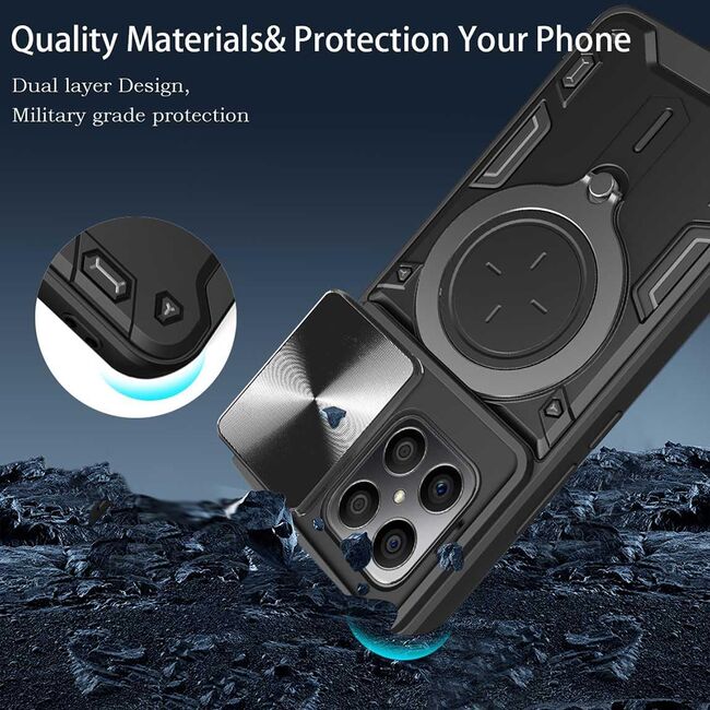 Husa pentru  Honor 70 Lite cu protecție pentru cameră și suport magnetic integrat Ring Shockproof, negru