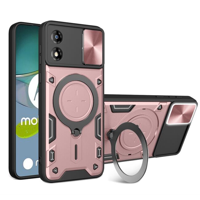 Husa pentru  Motorola Moto E13 cu protecție pentru cameră și suport magnetic integrat Ring Shockproof, rose gold