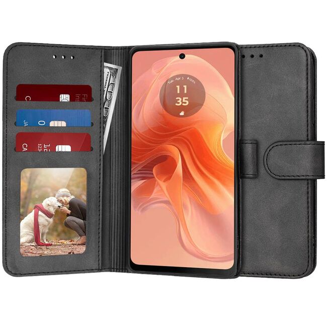 Husa pentru Motorola Moto E14 tip carte 360 Kickstand cu sloturi pentru card, negru