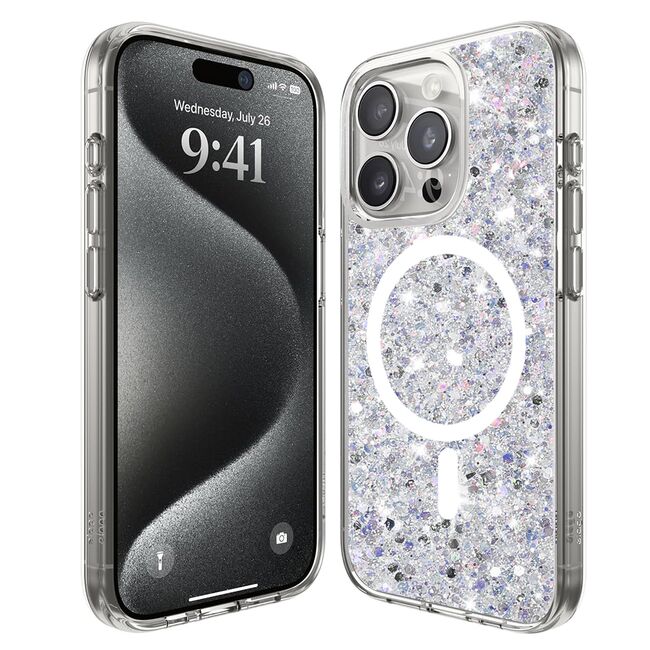 Husa pentru  iPhone 15 Pro MagSafe cu sclipici Liquid Crystal Glitter, argintiu