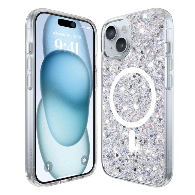 Husa pentru  iPhone 15 MagSafe cu sclipici Liquid Crystal Glitter, argintiu