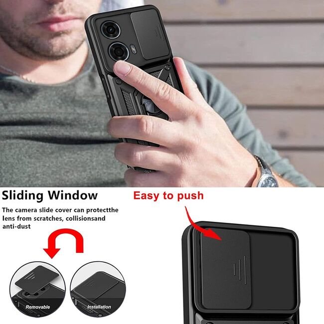 Husa pentru  Motorola Moto E14 Ring Armor Kickstand Tough Rugged Cover cu protectie camera, negru