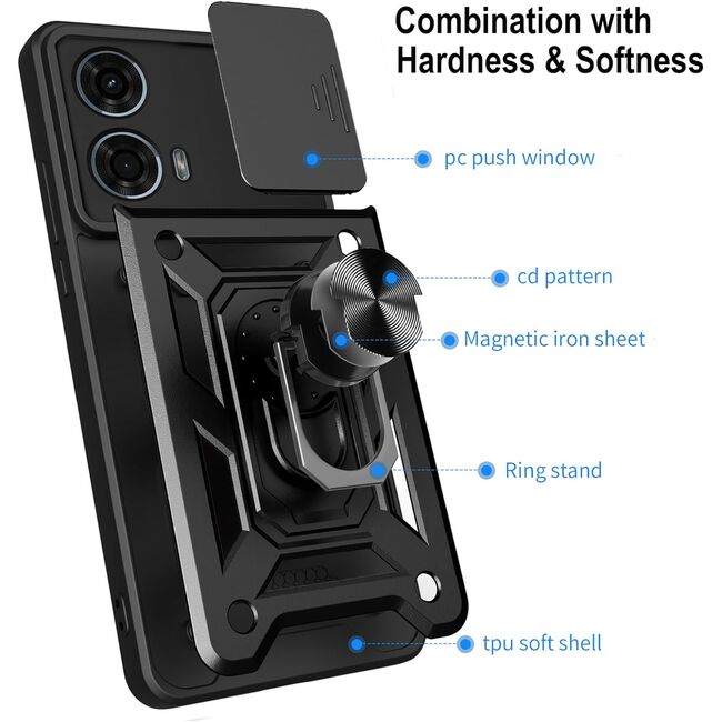 Husa pentru  Motorola Moto E14 Ring Armor Kickstand Tough Rugged Cover cu protectie camera, negru