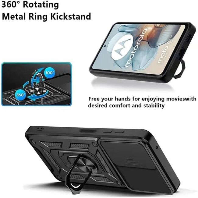 Husa pentru  Motorola Moto E14 Ring Armor Kickstand Tough Rugged Cover cu protectie camera, negru
