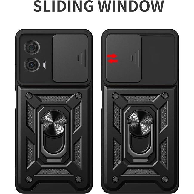 Husa pentru  Motorola Moto E14 Ring Armor Kickstand Tough Rugged Cover cu protectie camera, negru