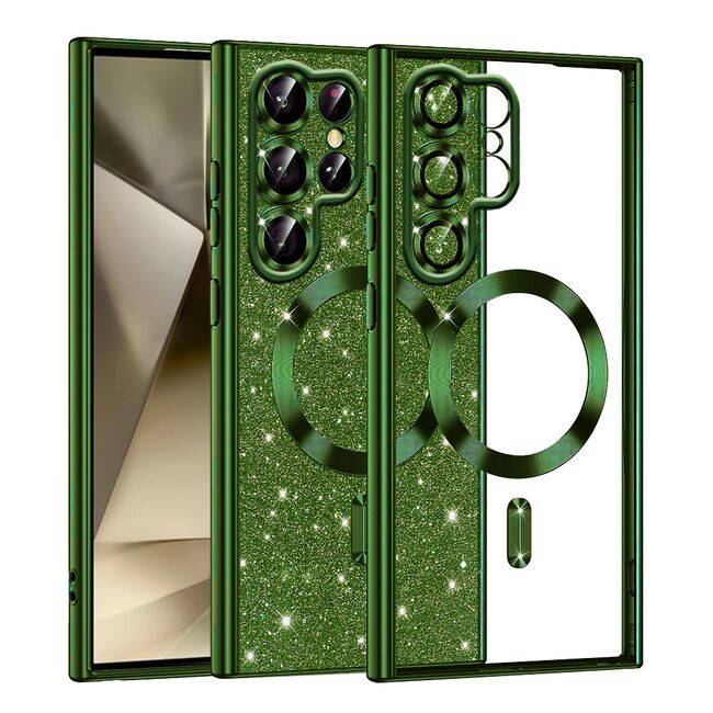 Husa pentru  Samsung Galaxy S22 Ultra 5G cu MagSafe Sparkle Glare Detachable Layer, cu protectie lentile - verde
