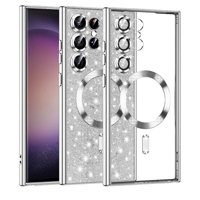 Husa pentru  Samsung Galaxy S23 Ultra 5G cu MagSafe Sparkle Glare Detachable Layer, cu protectie lentile - argintiu