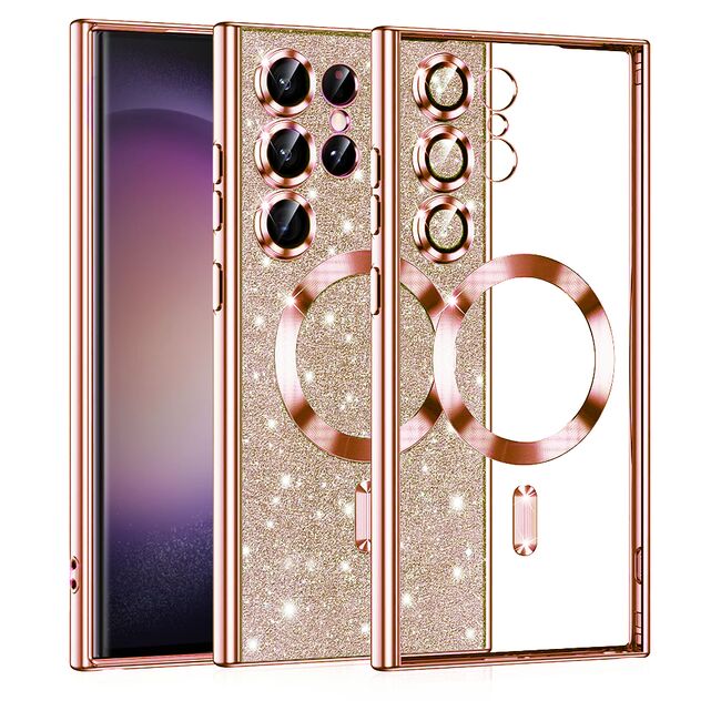 Husa pentru  Samsung Galaxy S23 Ultra 5G cu MagSafe Sparkle Glare Detachable Layer, cu protectie lentile - rose gold