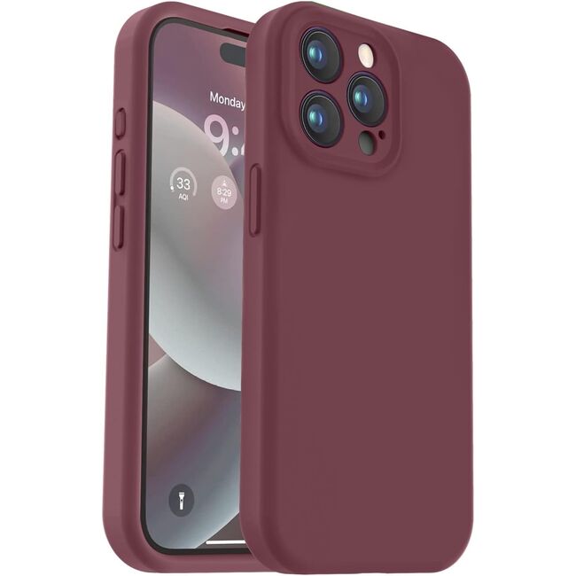 Husa pentru  iPhone 15 Pro Max Liquid Silicone, subțire, captusita cu microfibra, anti amprentă, protectie cameră foto, burgundy