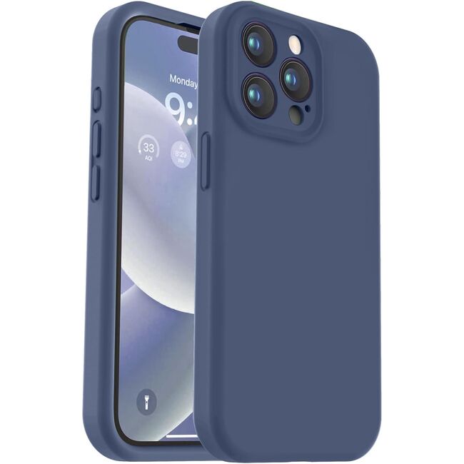 Husa pentru  iPhone 15 Pro Liquid Silicone, subțire, captusita cu microfibra, anti amprentă, protectie cameră foto, albastru